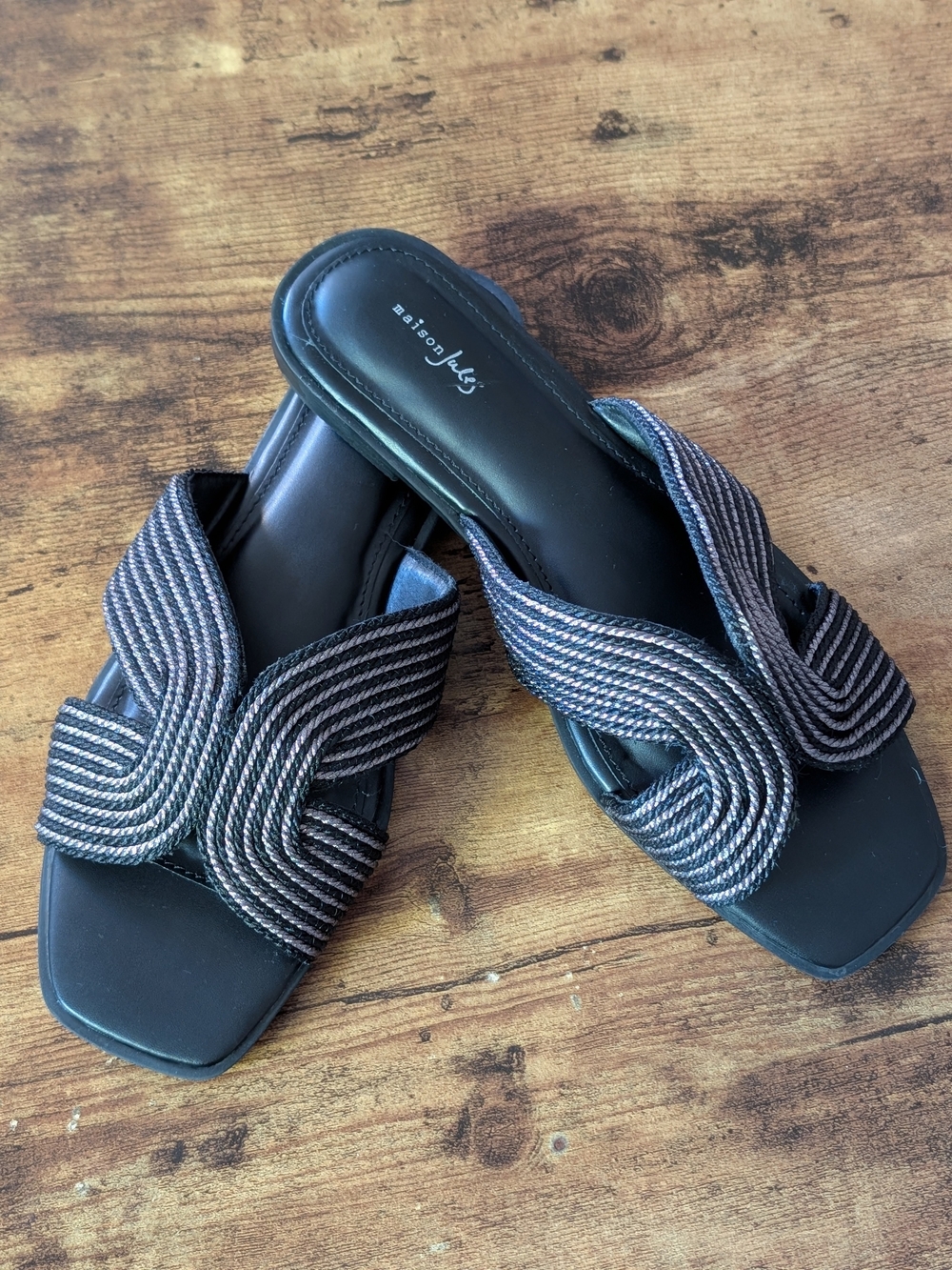 Maison Jules "Papaya" Black Slide Sandal with Braided Straps